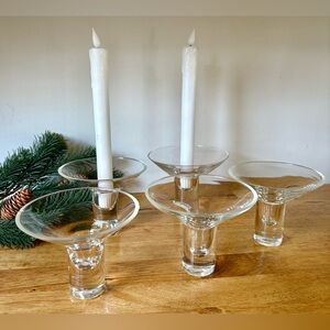 SET OF 5 VINTAGE CLEAR GLASS PEDESTAL CANDLE STICKS